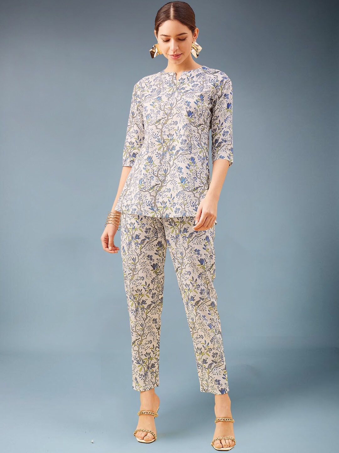 

MAHALASA Printed Pure Cotton Tunic With Trousers, White