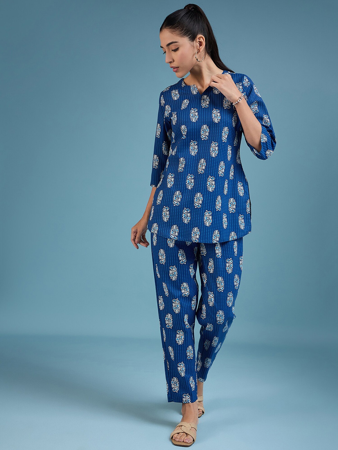 MAHALASA Floral Printed Pure Cotton Tunic With Trousers, Blue