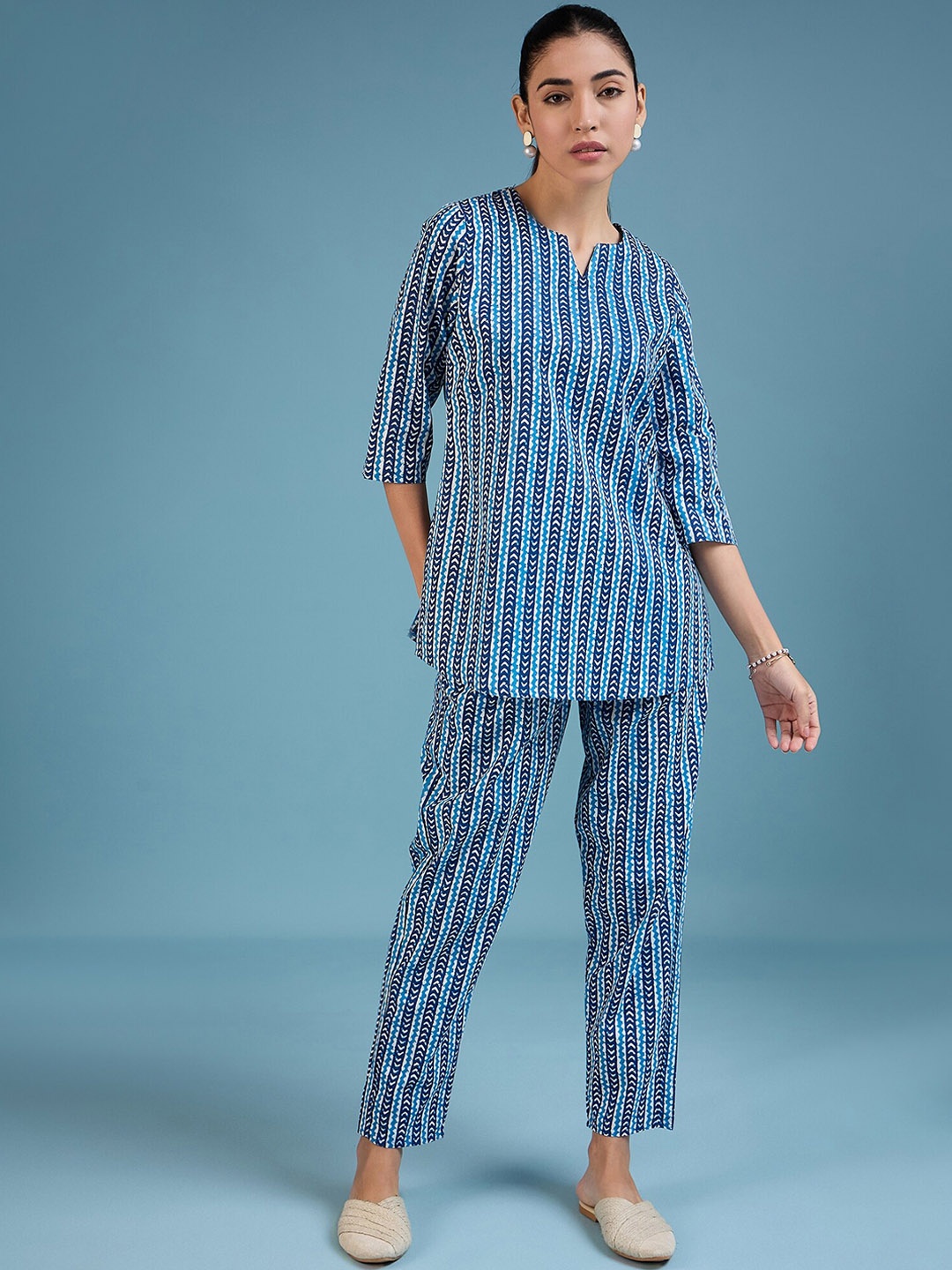 

MAHALASA Printed Pure Cotton Tunic With Trousers, Navy blue
