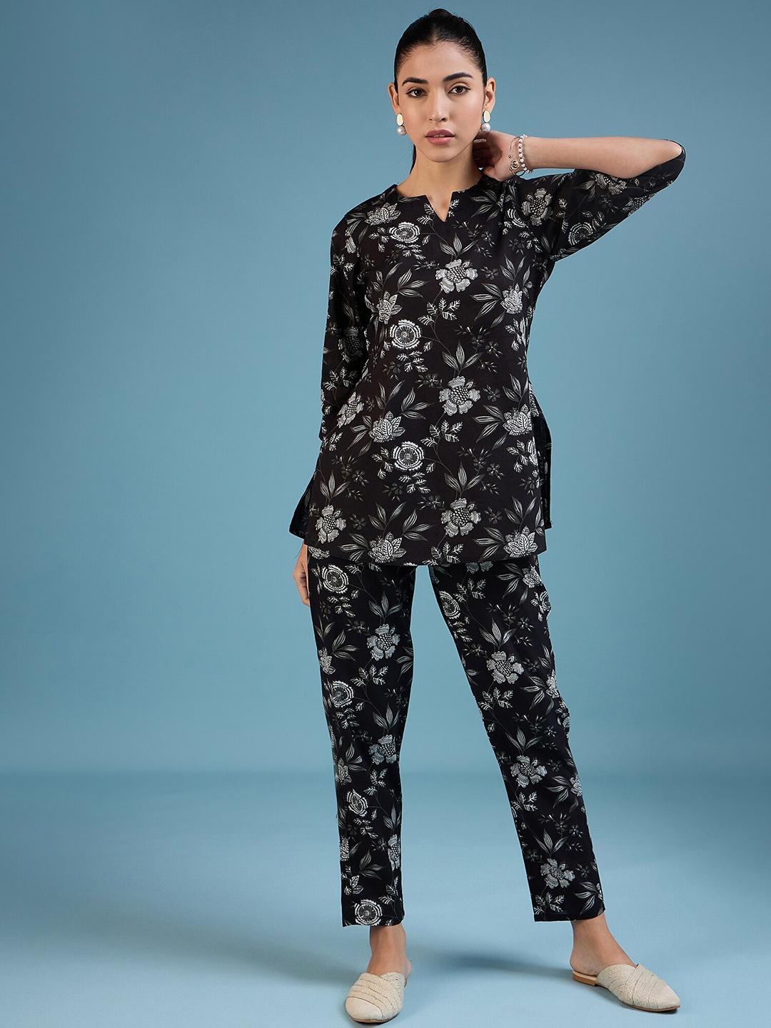 

MAHALASA Floral Printed Pure Cotton Top With Trousers Co-Ords, Black