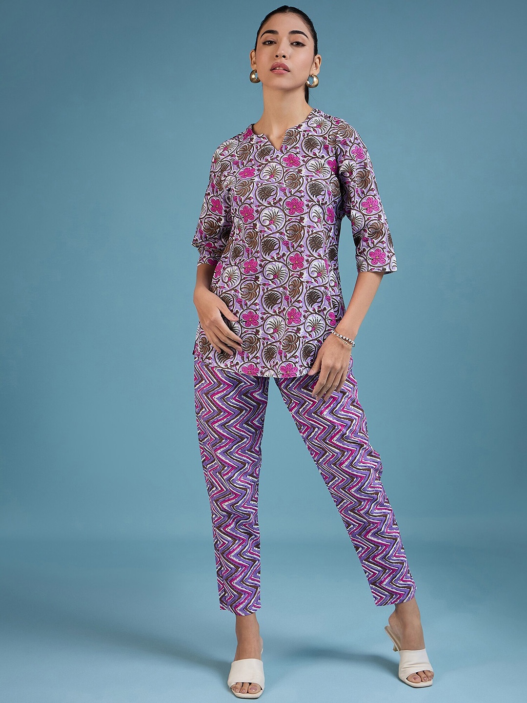 MAHALASA Printed Cotton Top With Trousers, Purple