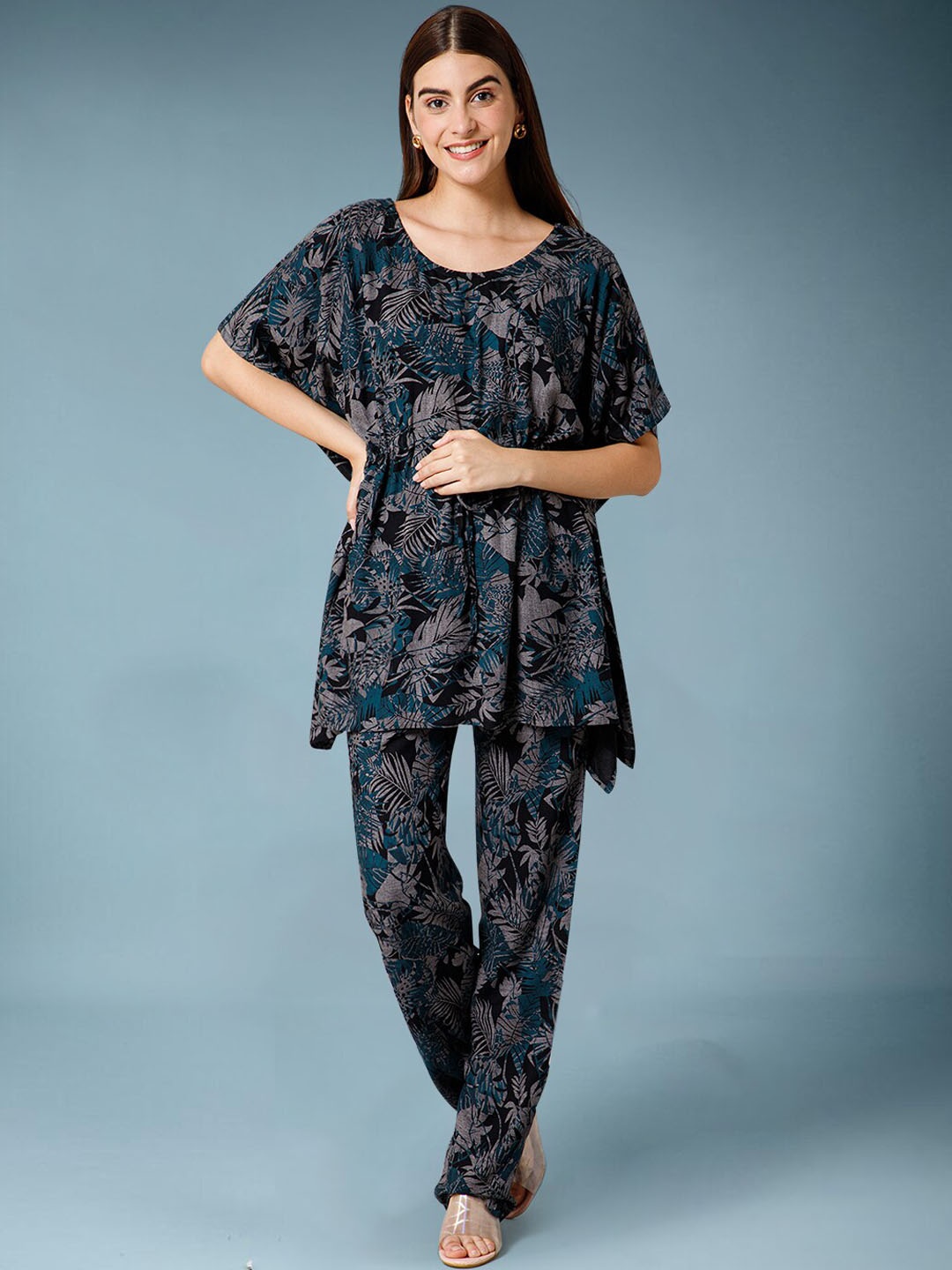 MAHALASA Floral Printed Kaftan Top & Trouser, Black