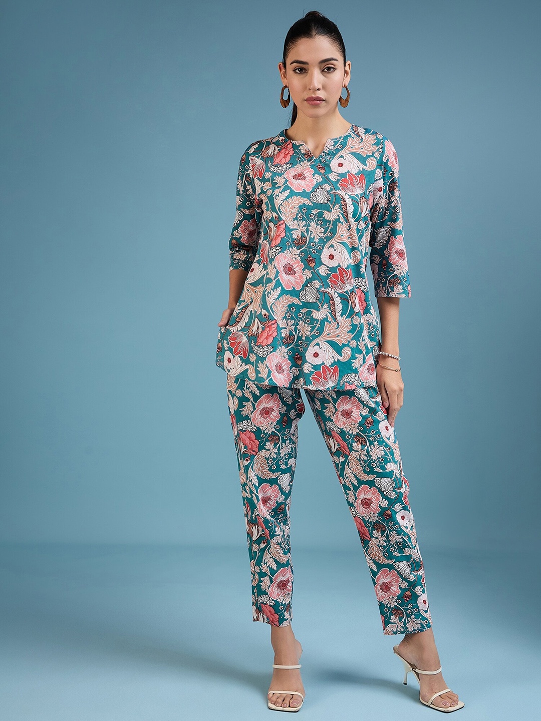 

MAHALASA Floral Printed Pure Cotton Top & Trousers Co-Ords, Teal