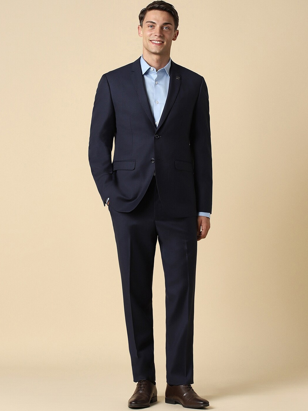 

Allen Solly Textured Notched Lapel Slim-Fit Two Piece Formal Suit, Navy blue