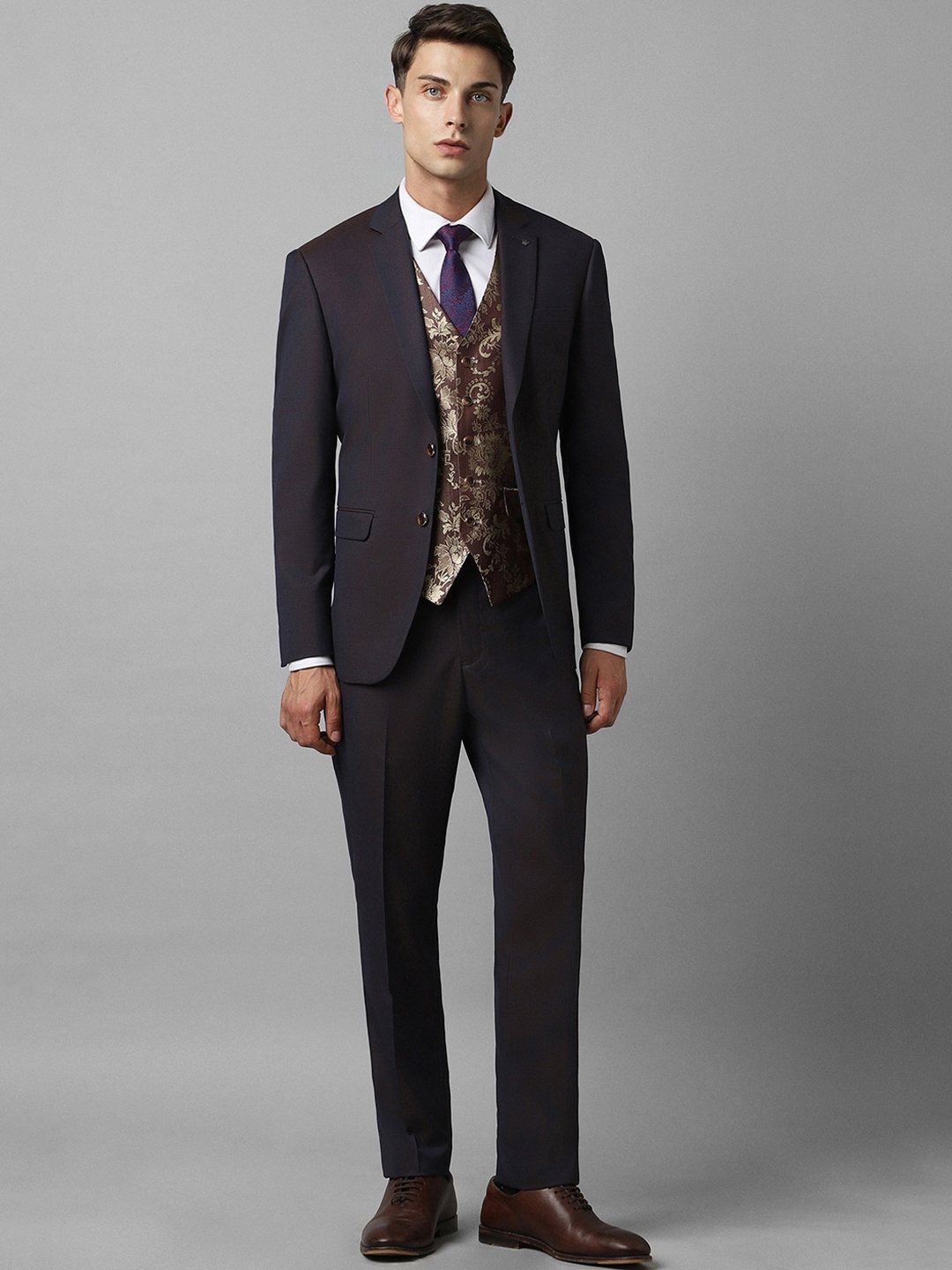 

Louis Philippe Textured Notched Lapel Slim-Fit Three-Piece Formal Suit, Brown