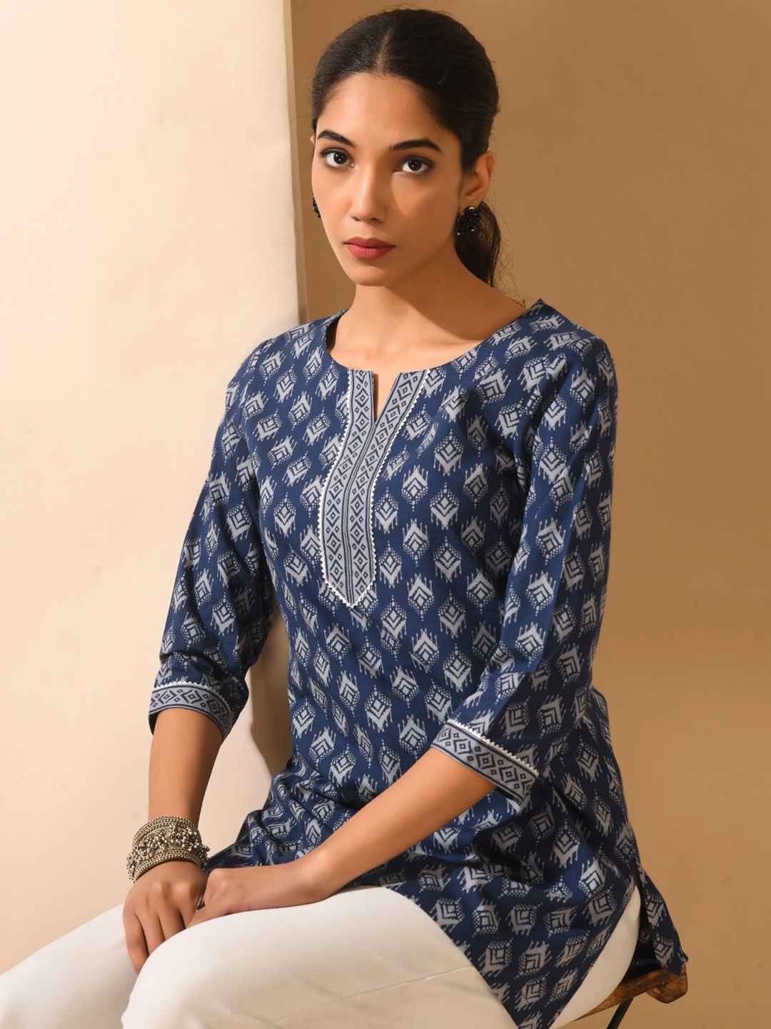 

MEESAN Ethnic Motifs Printed Cotton Ethnic Tunic, Blue