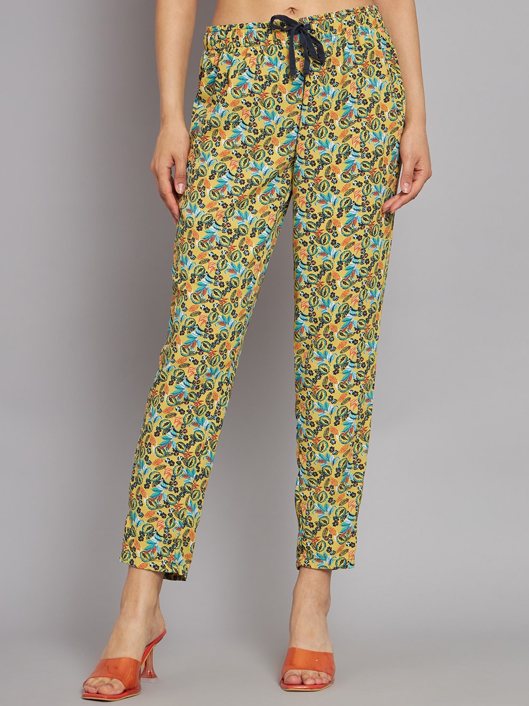 

NoBarr Women Floral Printed Mid-Rise Trousers, Yellow