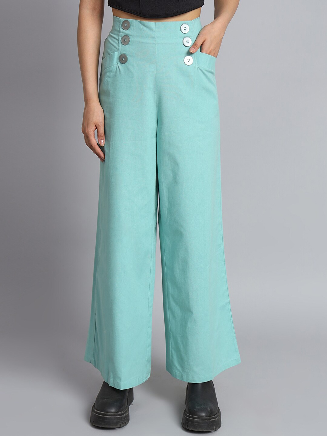 

NoBarr Women Regular Fit Mid-Rise Cotton Parallel Trousers, Green
