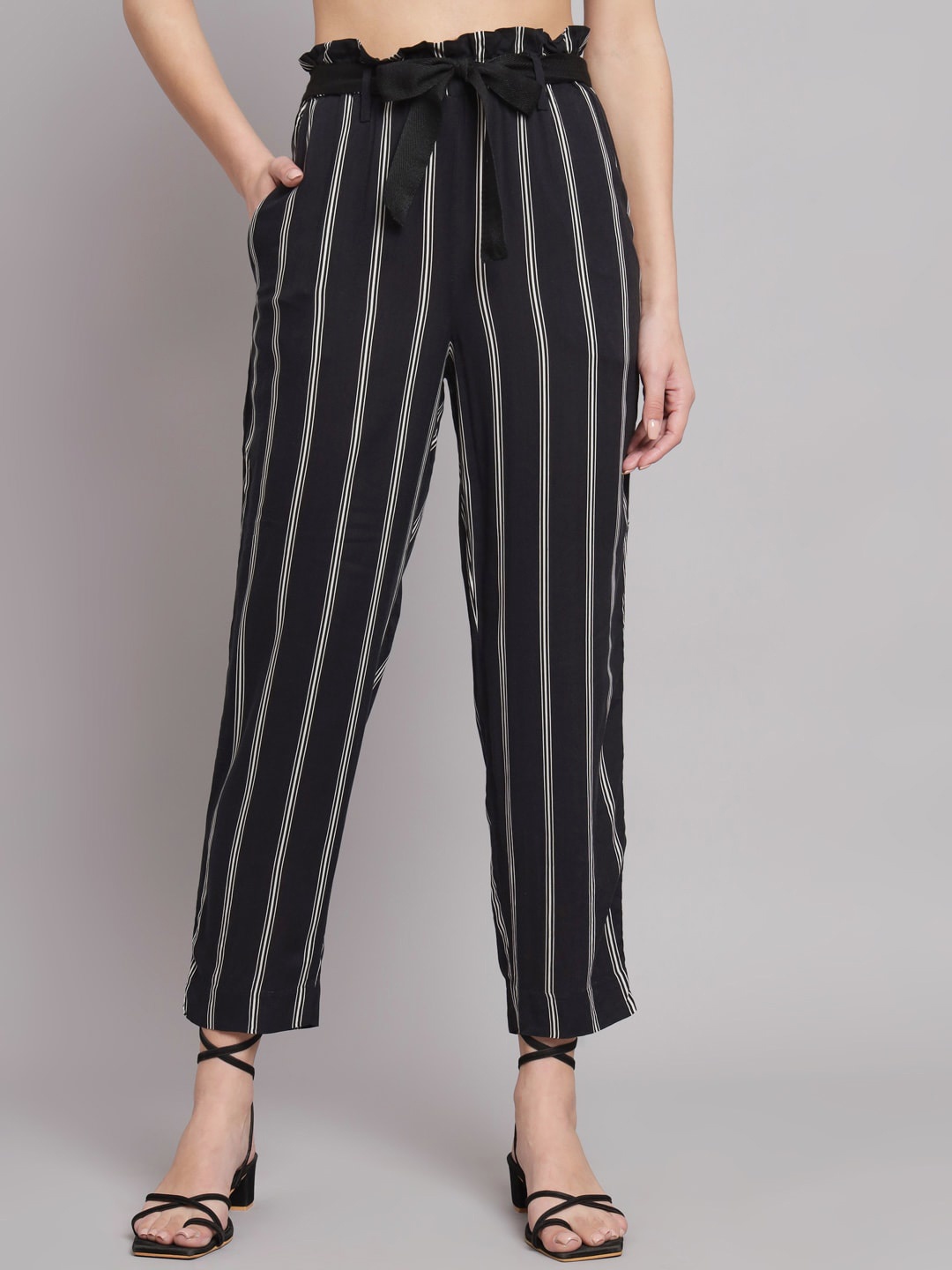 

NoBarr Women Regular Fit Mid-Rise Striped Regular Trousers, Black