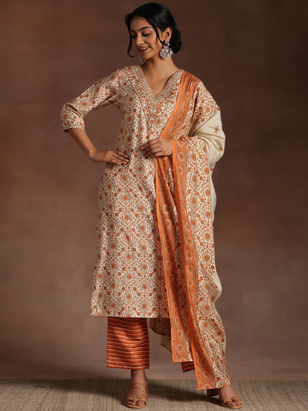 

Libas Ethnic Motifs Printed Kurta With Trousers & Dupatta, Orange