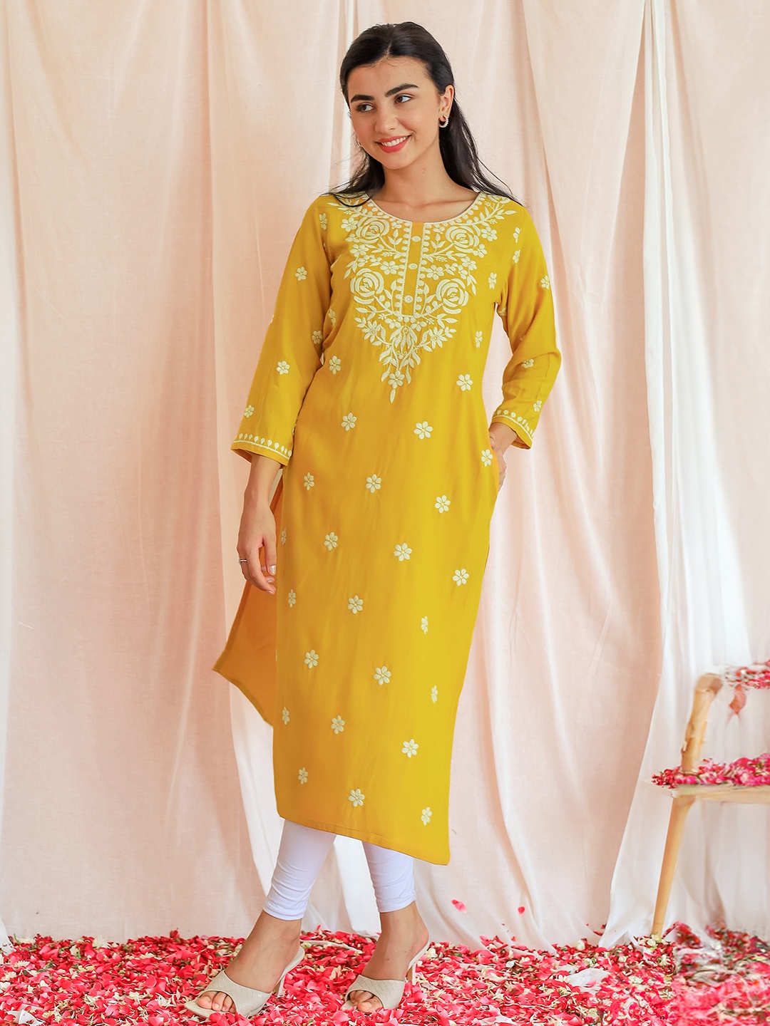 

Libas floral Embroidered Thread Work straight Kurta, Mustard