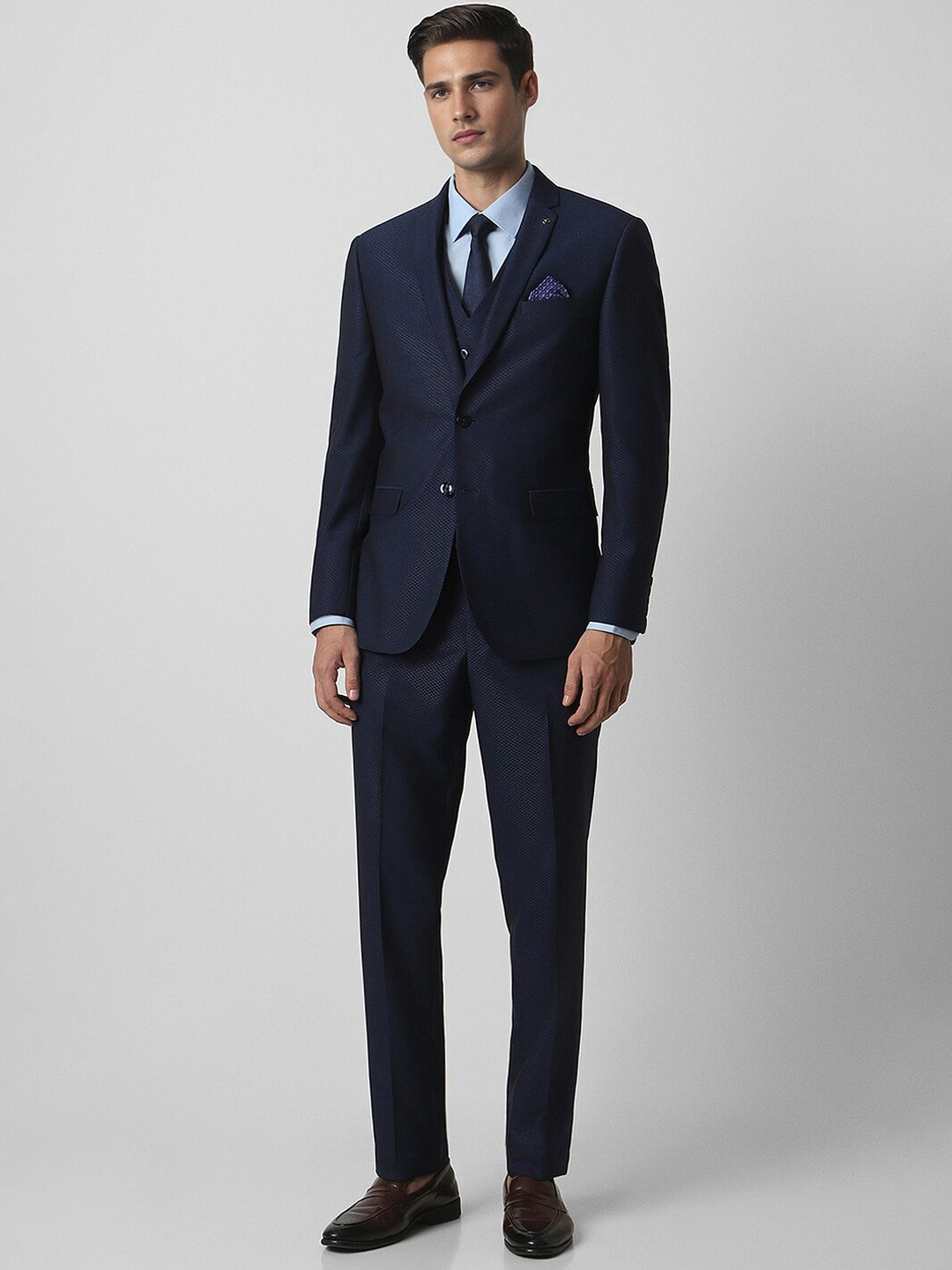 

Van Heusen Self Design Notched Lapel Slim-Fit Three Piece Formal Suit, Navy blue