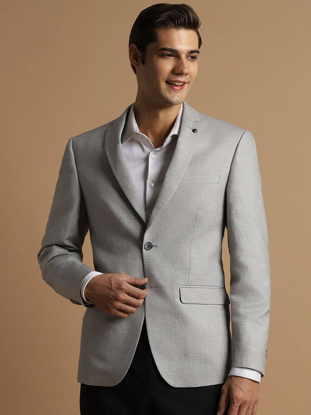 

Allen Solly Slim Fit Notched Lapel Collar Single-Breasted Cotton Linen Formal Blazer, Grey