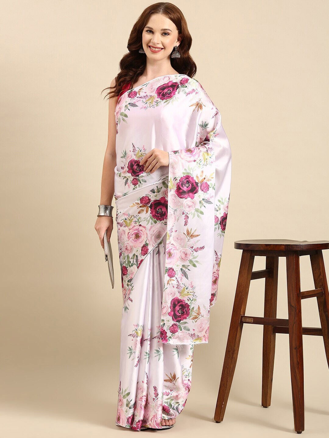 

VEECHIS Floral Printed Satin Saree, White