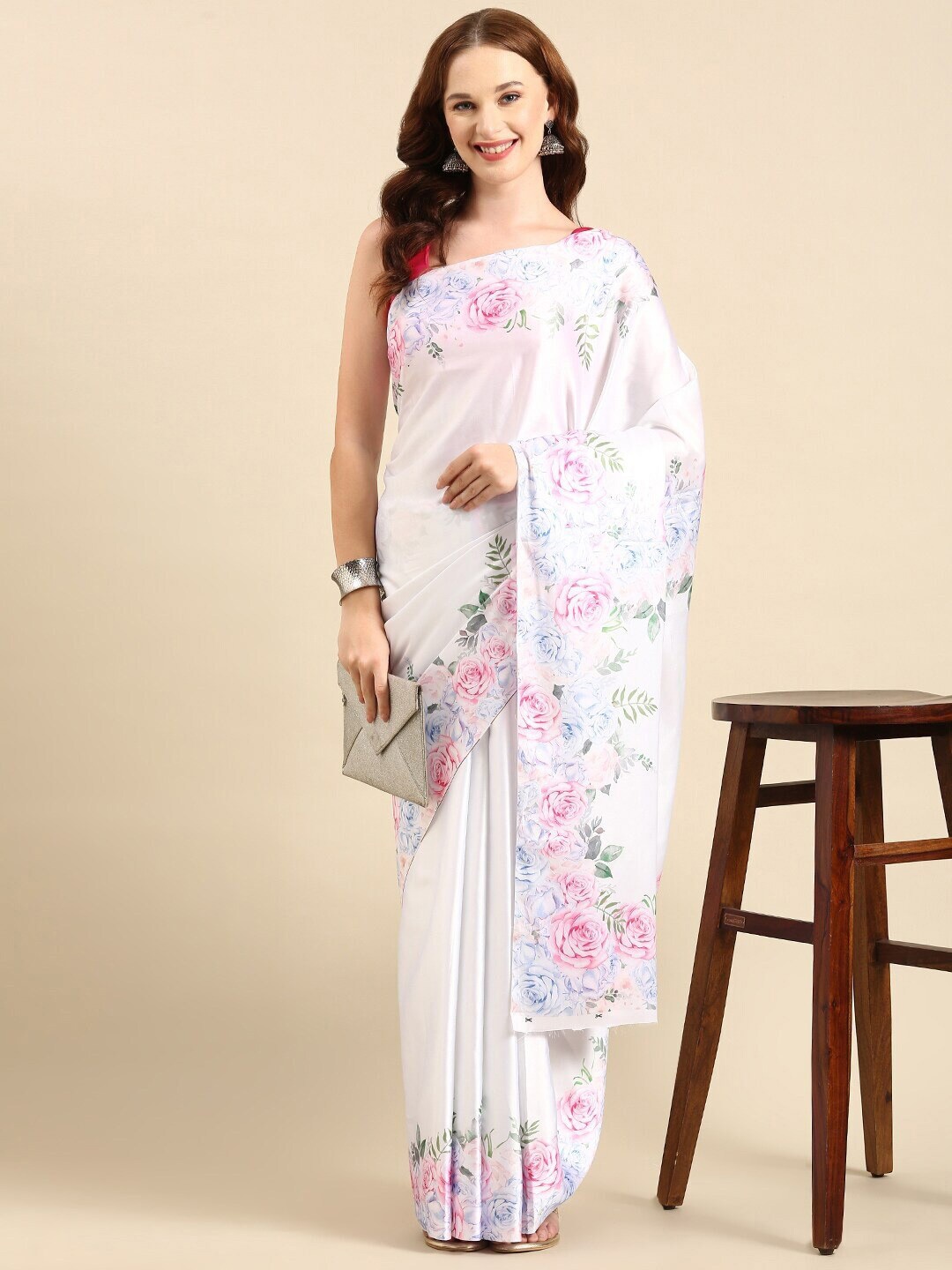 

VEECHIS Floral Printed Satin Saree, White