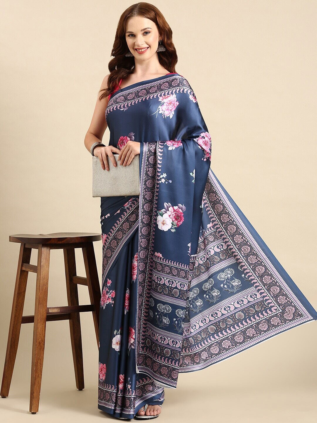 

VEECHIS Floral Printed Satin Saree, Navy blue