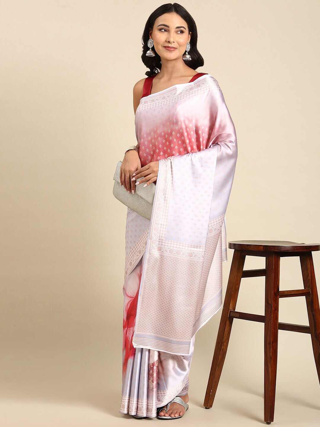 

VEECHIS Floral Printed Satin Saree, Cream