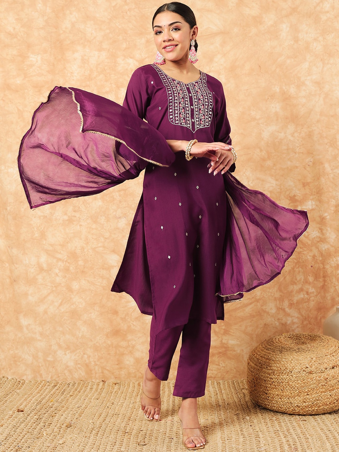 

KALINI Ethnic Motifs Embroidered Sequinned Straight Kurta With Trousers & Dupatta, Purple