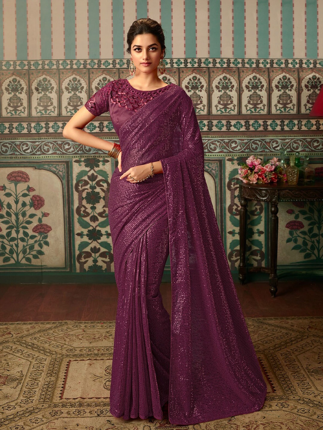 

ODETTE Embellished Sequinned Poly Georgette Saree, Violet