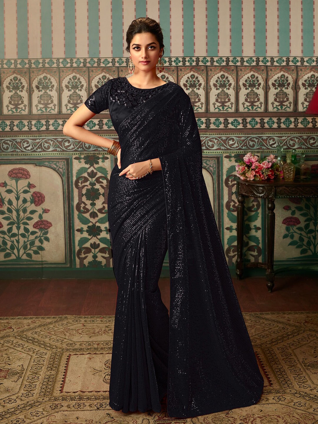 

ODETTE Embellished Sequinned Poly Georgette Saree, Black