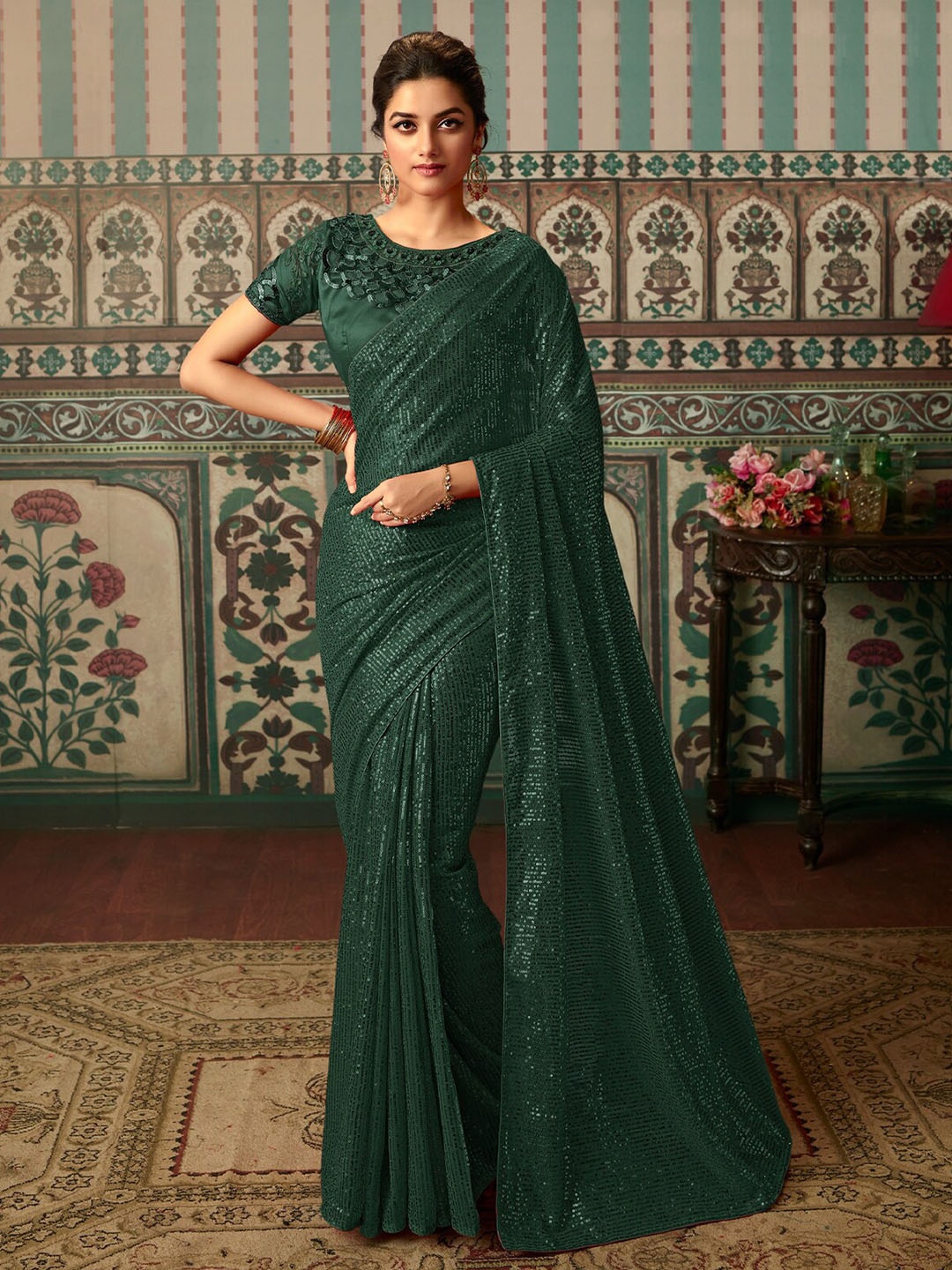 

ODETTE Embellished Poly Georgette Saree, Green