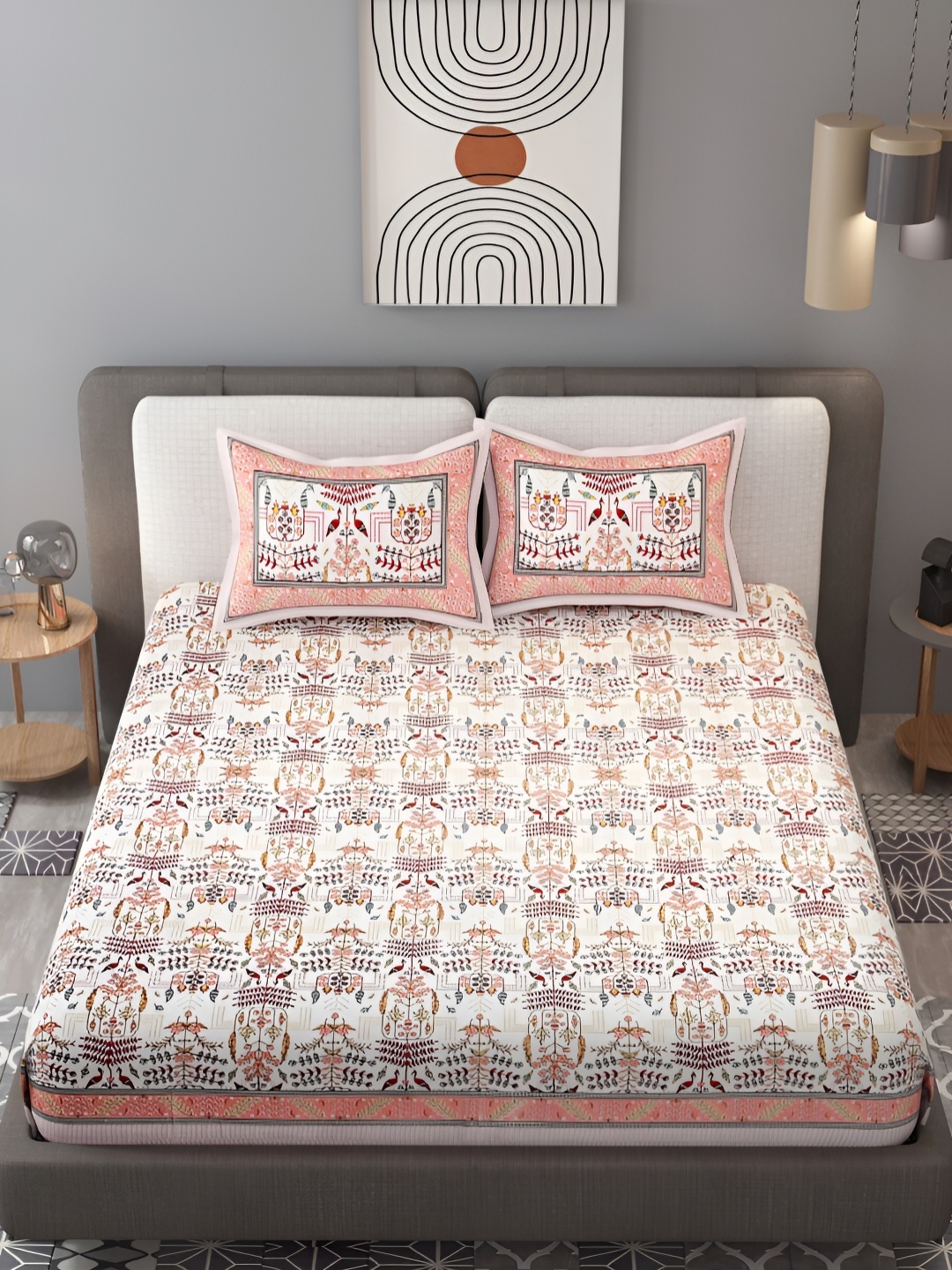 

EasyGoods Pink & White Ethnic Motifs 210 TC King Bedsheet Set