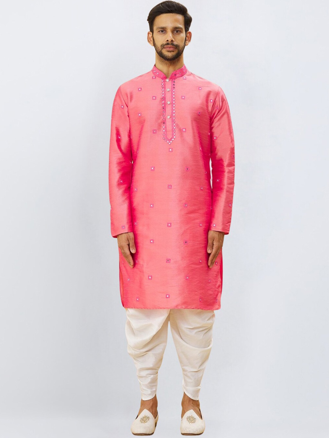

Indian Poshakh Ethnic Motifs Embroidered Regular Straight Kurta With Dhoti Pants, Pink