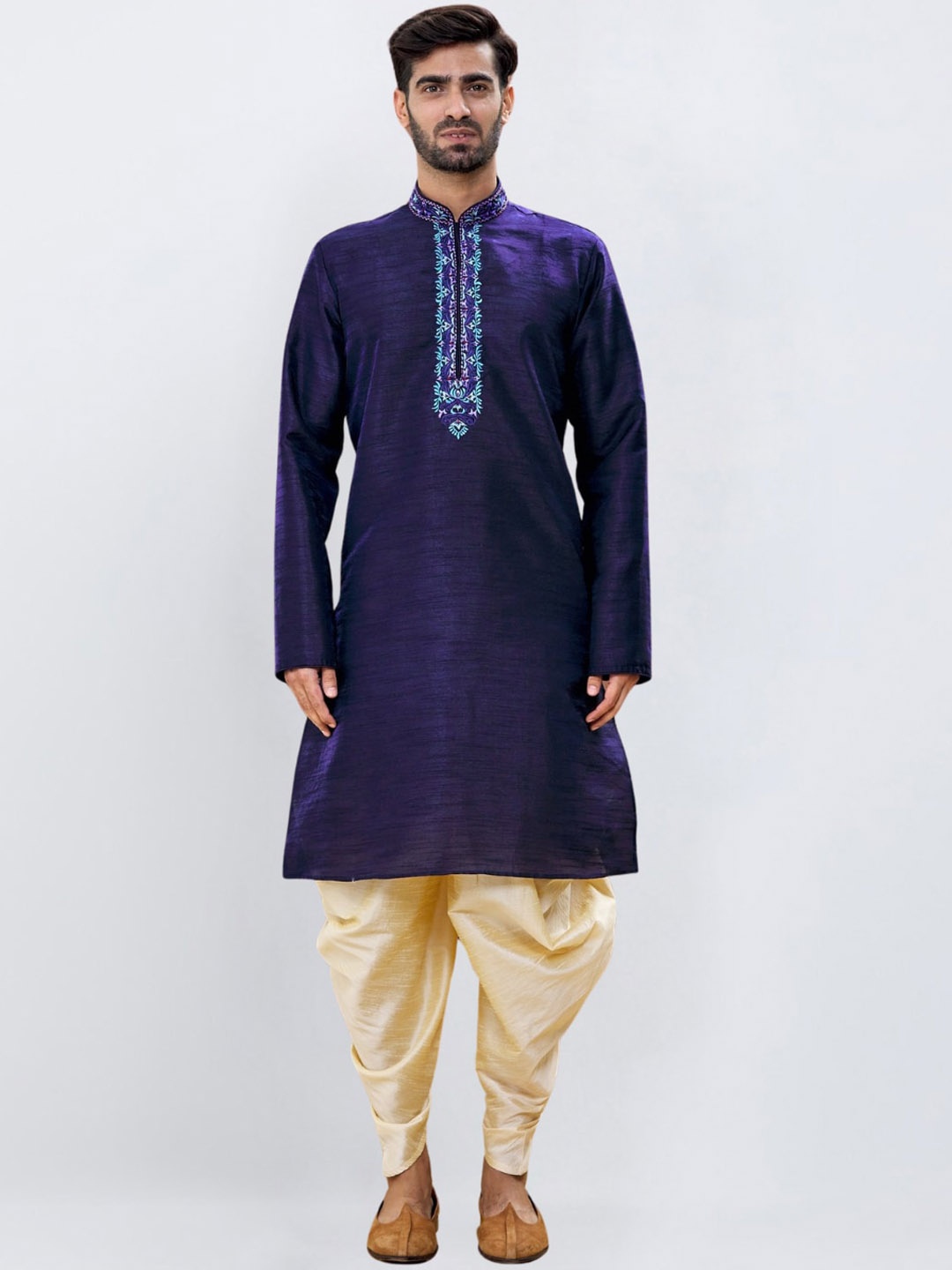 

Indian Poshakh Ethnic Motifs Embroidered Mandarin Collar Long Sleeves Kurta Set, Blue