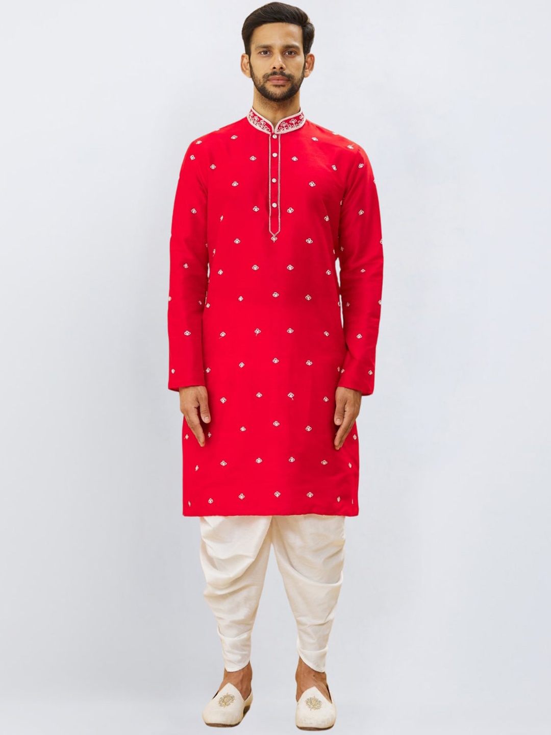 

Indian Poshakh Ethnic Motifs Embroidered Regular Straight Kurta With Dhoti Pants, Red