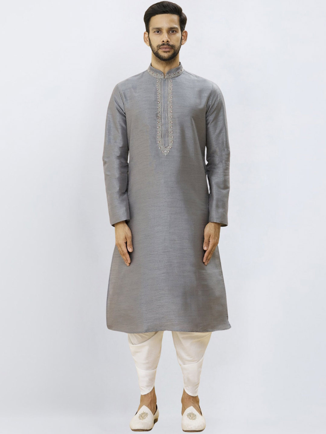 

Indian Poshakh Ethnic Motifs Embroidered Mandarin Collar Thread Work Kurta With Dhoti, Grey