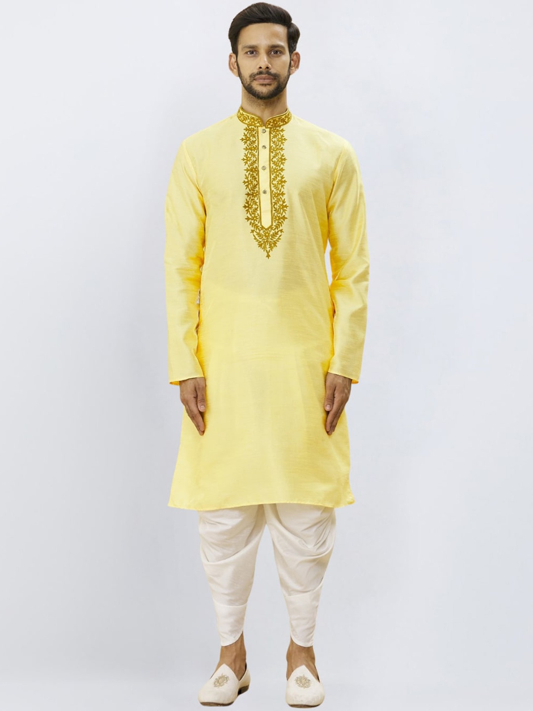 

Indian Poshakh Ethnic Motifs Mandarin Collar Long Sleeves Kurta with Dhoti Pants, Yellow
