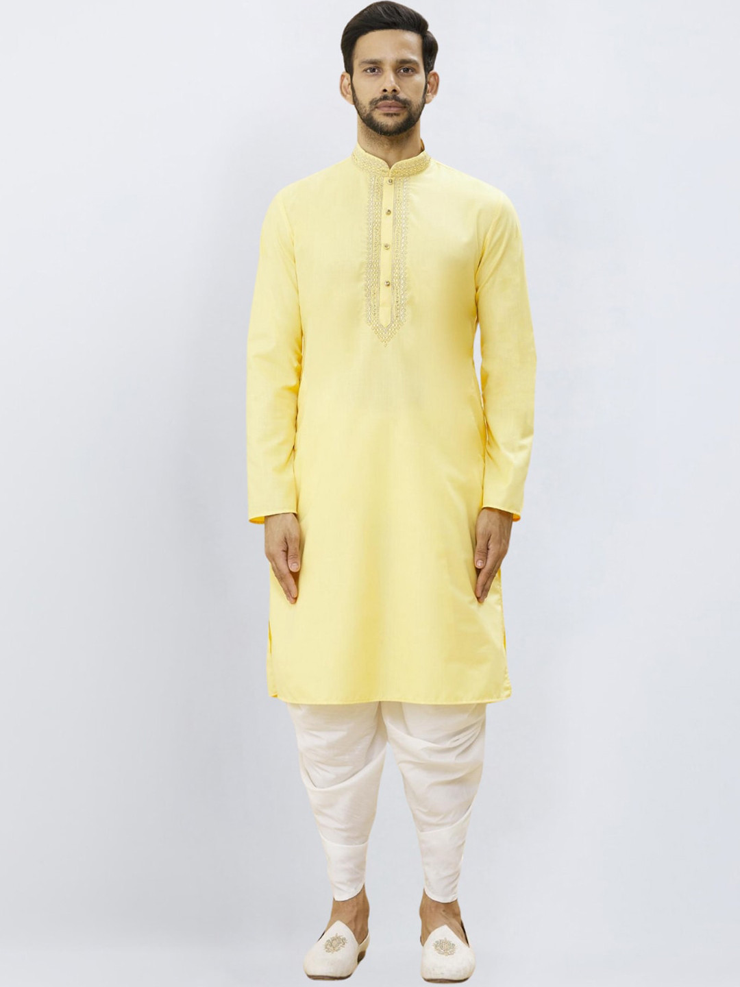 

Indian Poshakh Ethnic Motifs Embroidered Mandarin Collar Thread Work Kurta With Dhoti, Yellow
