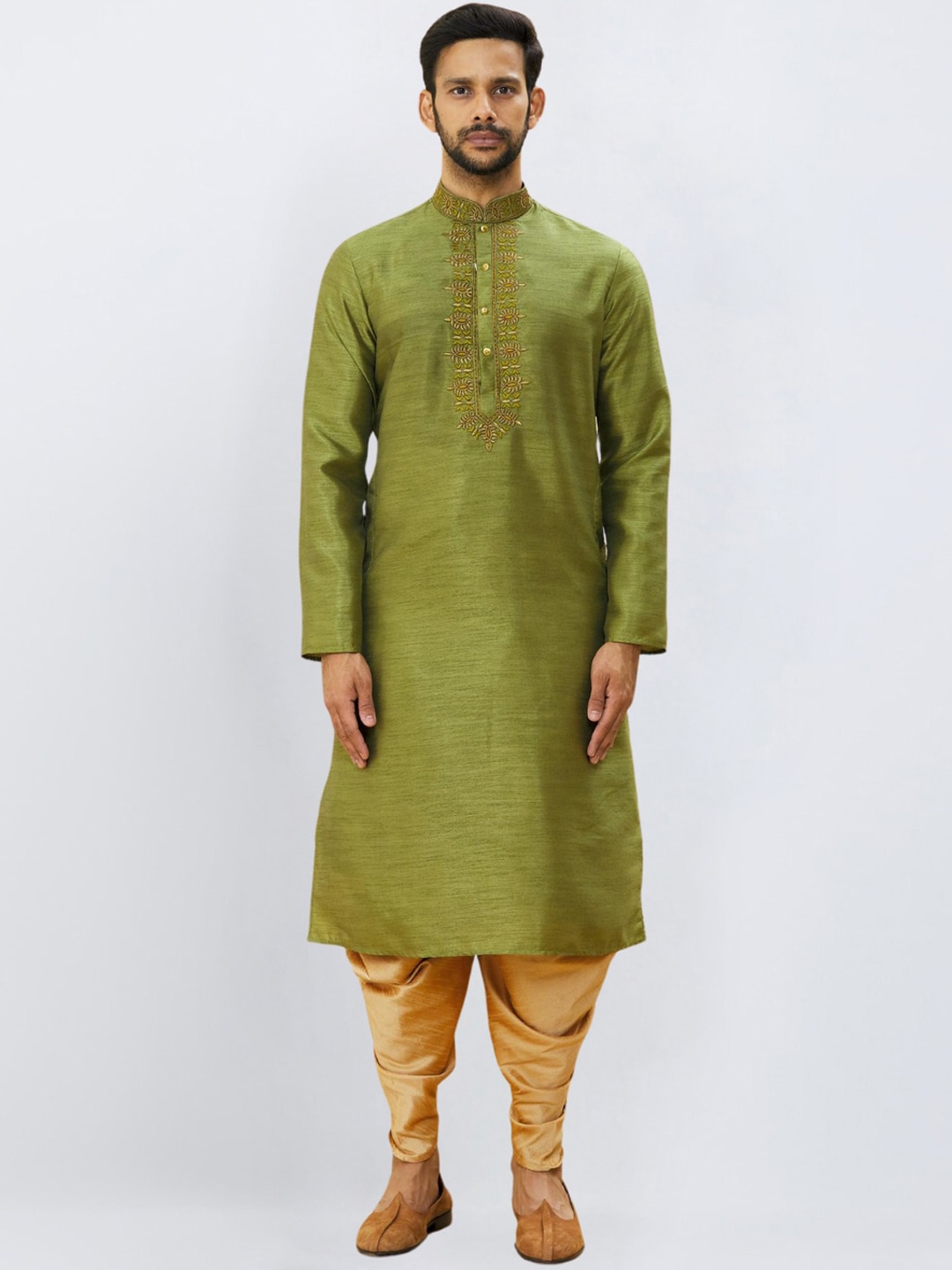 

Indian Poshakh Ethnic Motifs Embroidered Mandarin Collar Thread Work Kurta With Dhoti, Olive