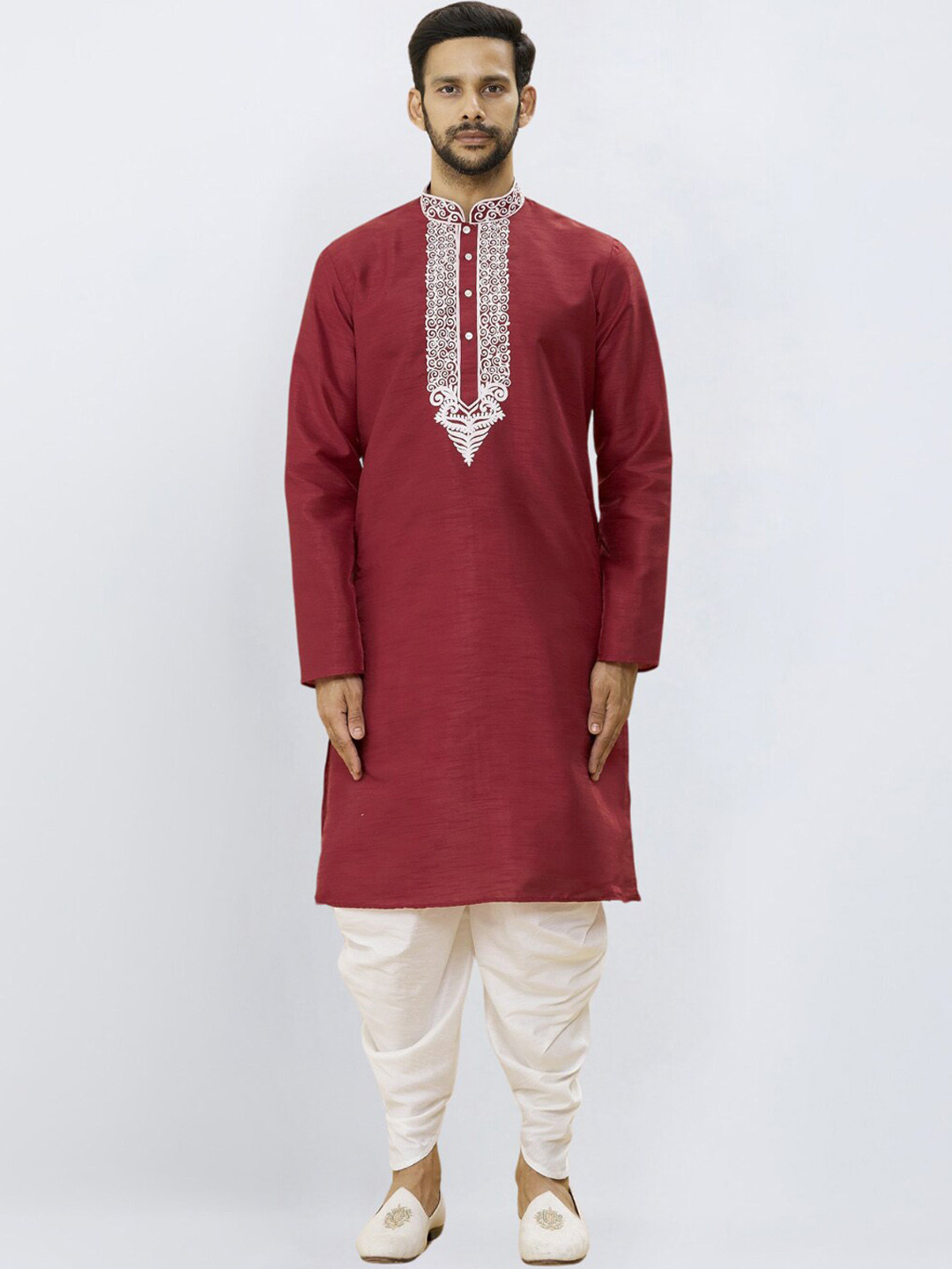 

Indian Poshakh Ethnic Motifs Embroidered Regular Straight Kurta With Dhoti Pants, Maroon