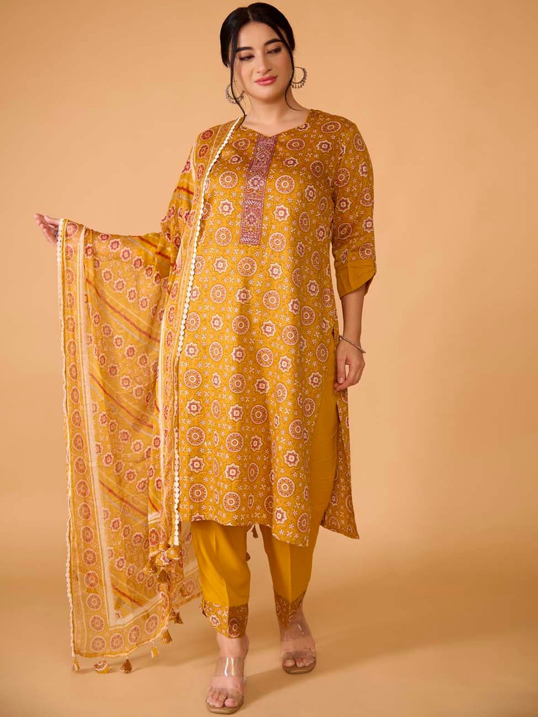 

TSUCCHI TRADITIONS Ethnic Printed Thread Work Pure Cotton Kurta With Trousers & Dupatta, Mustard