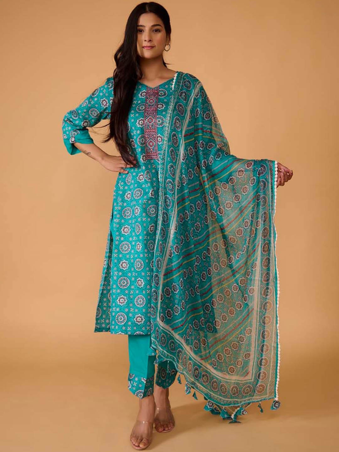 

TSUCCHI TRADITIONS Ethnic Motifs Printed Straight Cotton Kurta With Trousers & Dupatta, Blue