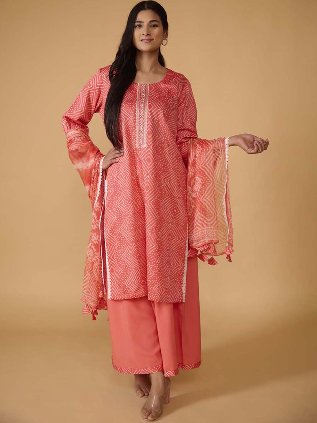 

TSUCCHI TRADITIONS Bandhani Printed Thread Work Pure Cotton Kurta With Palazzos & Dupatta, Coral