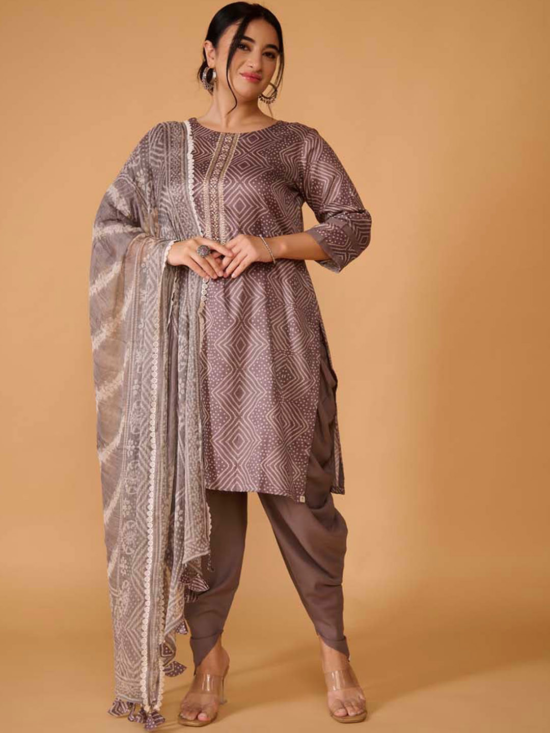 

TSUCCHI TRADITIONS Ethnic Motifs Printed Thread Work Kurta With Dhoti Pants & Dupatta, Grey