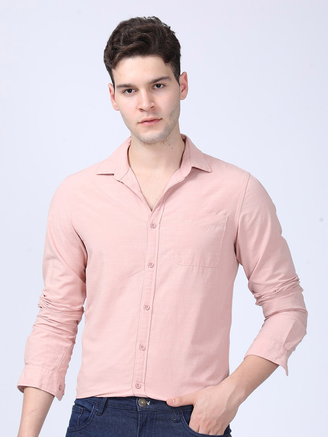 

POE Smart Spread Collar Curved Slim Fit Formal Shirt, Peach