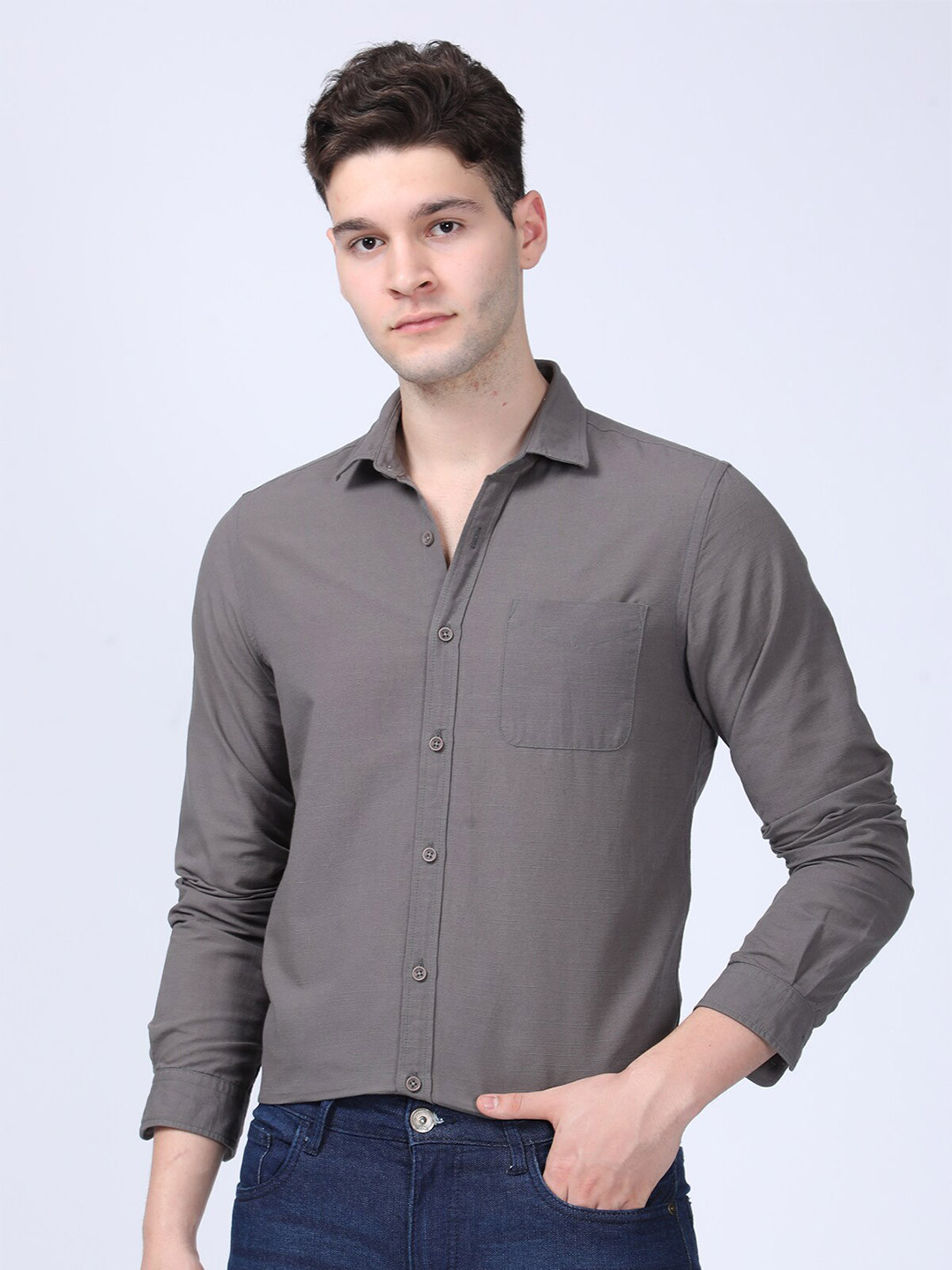 

POE Smart Slim Fit Spread Collar Casual Shirt, Grey
