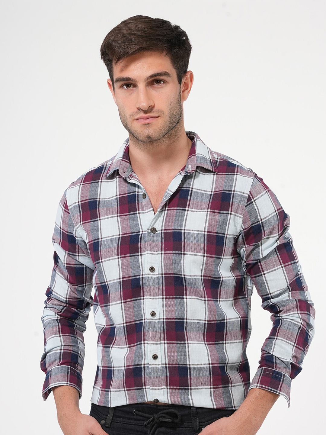 

POE Smart Slim Fit Tartan Checked Pure Cotton Casual Shirt, Maroon