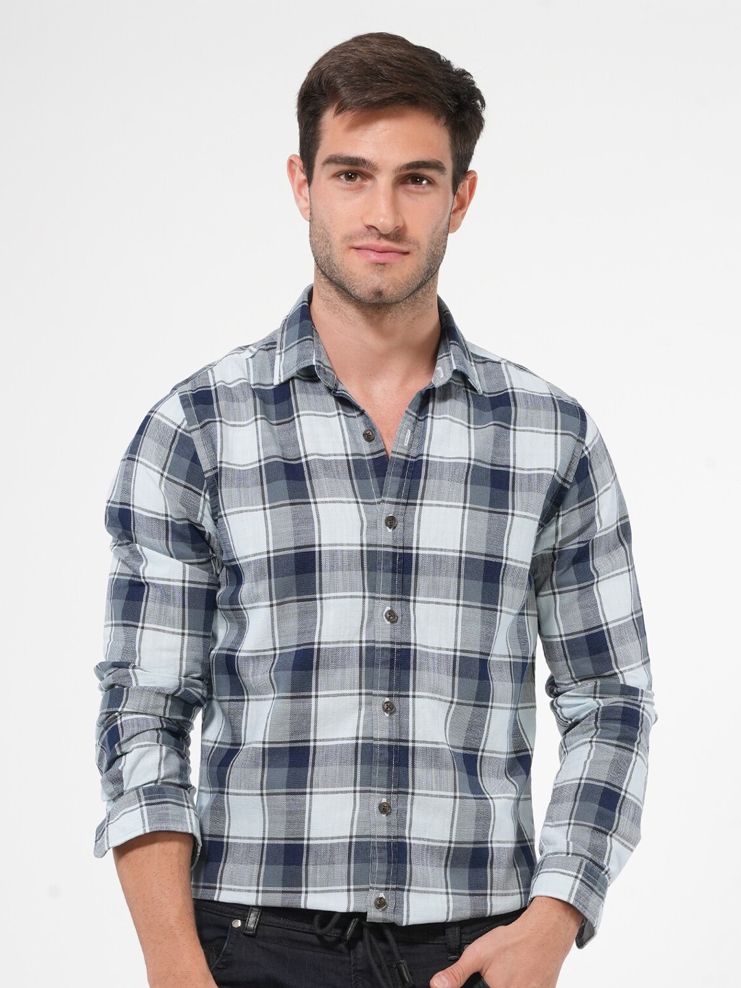 

POE Smart Slim Fit Tartan Checks Cotton Casual Shirt, Grey