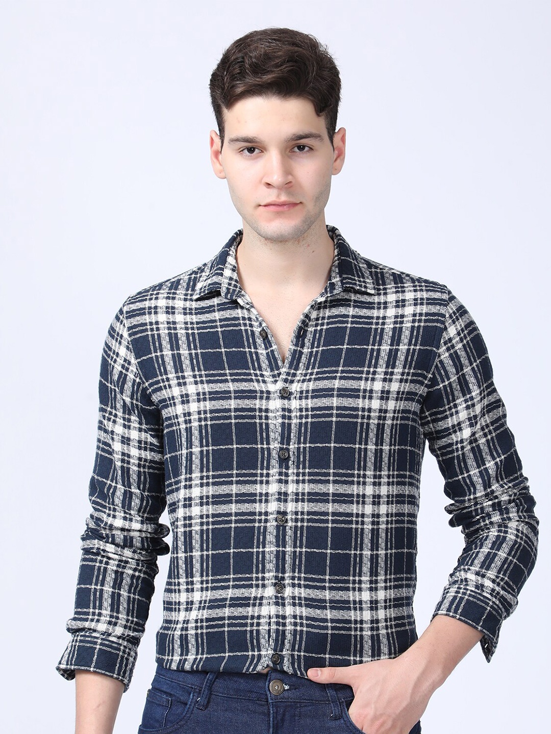 

POE Men Smart Slim Fit Tartan Checks Opaque Cotton Casual Shirt, Black