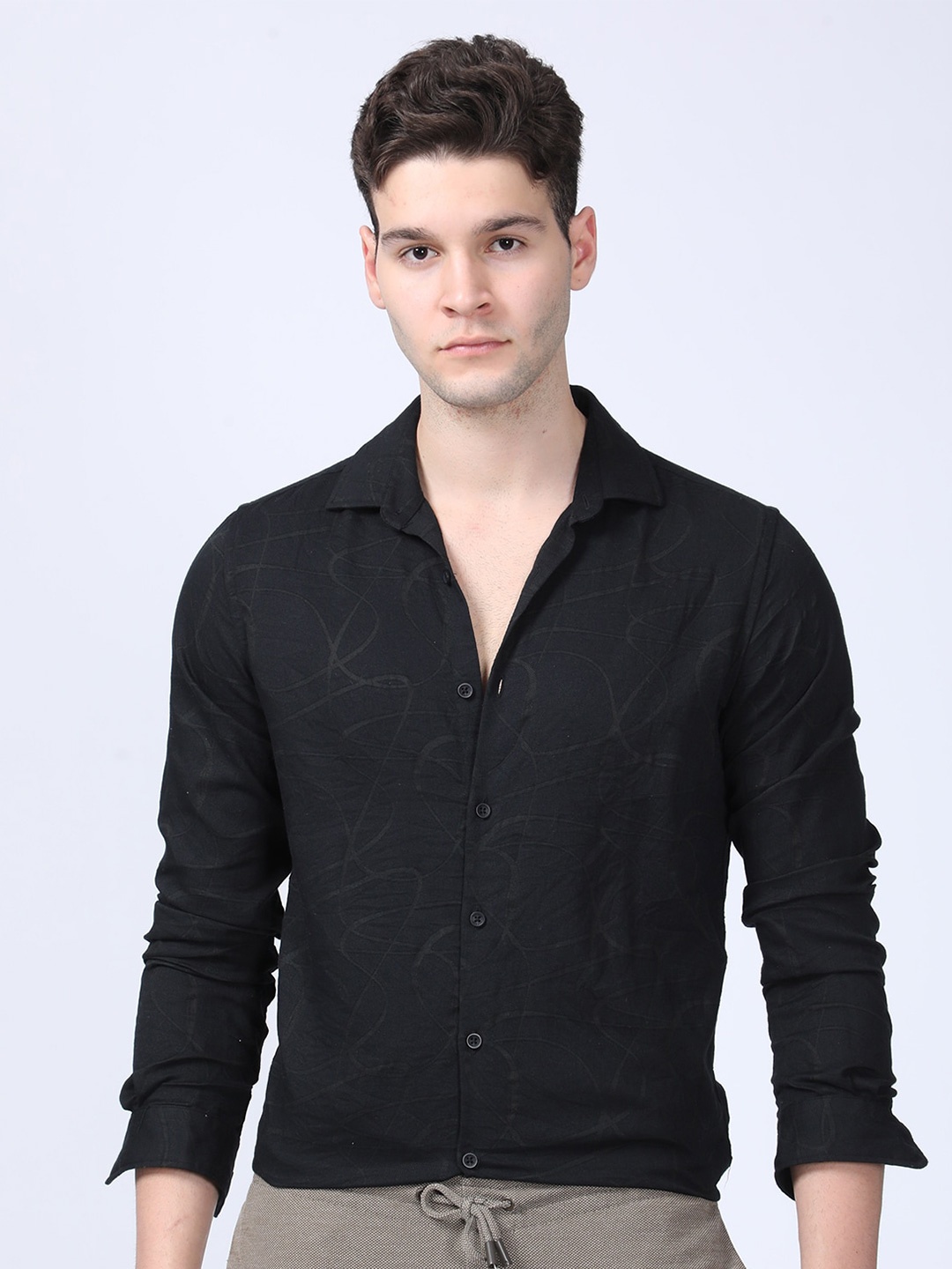 

POE Smart Spread Collar Cotton Curved Slim Fit Formal Shirt, Black