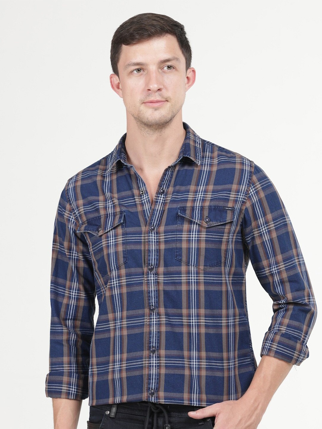 

POE Smart Slim Fit Tartan Checked Pure Cotton Casual Shirt, Khaki
