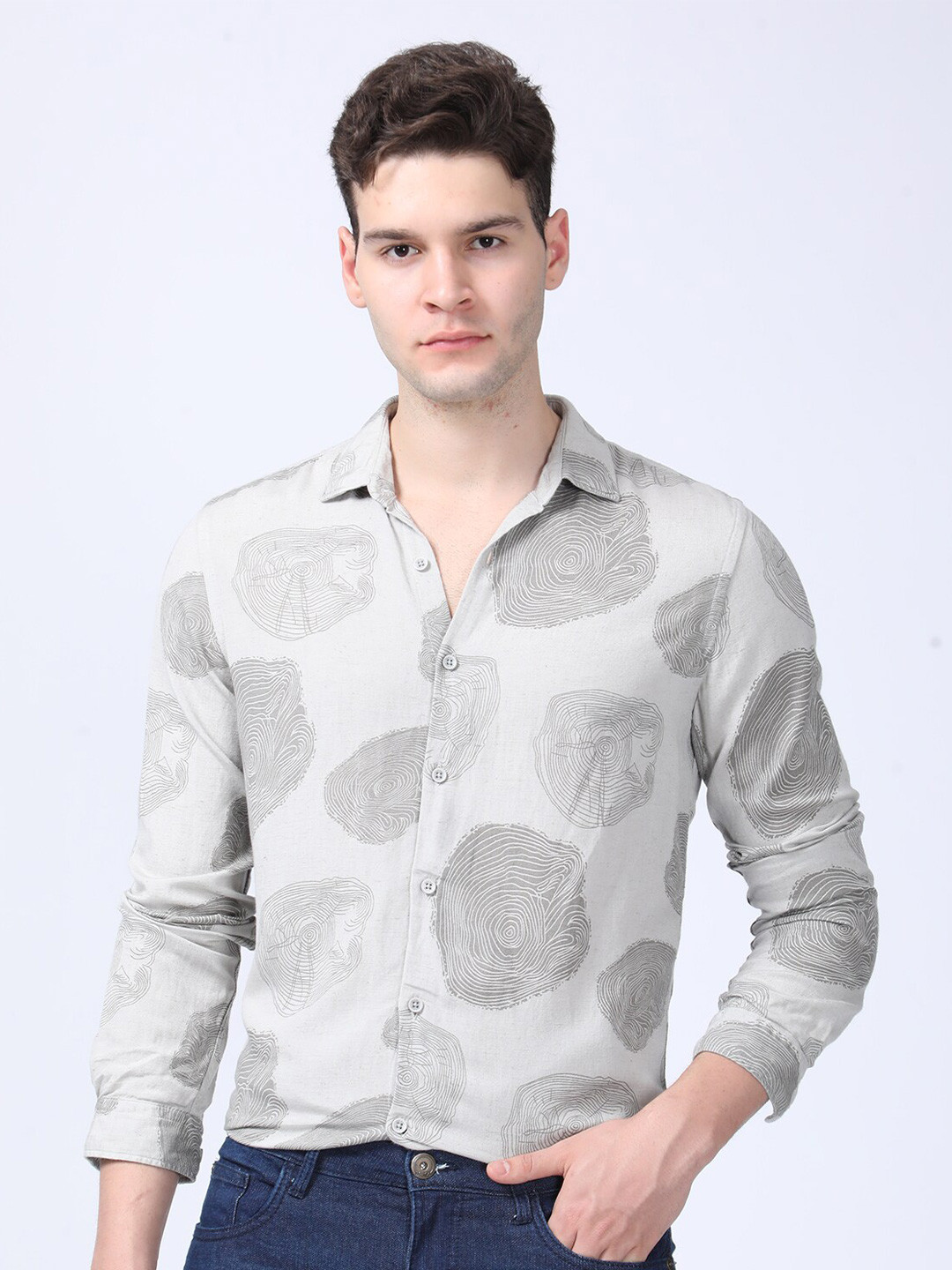 

POE Men Smart Abstract Printed Slim Fit Casual Shirt, Grey