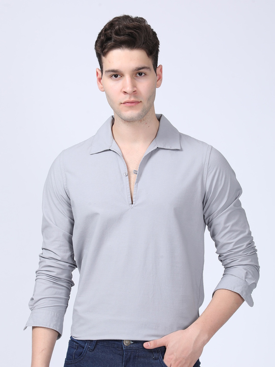 

POE Smart Slim Fit Polo collar Long Sleeves Cotton Casual Shirt, Grey