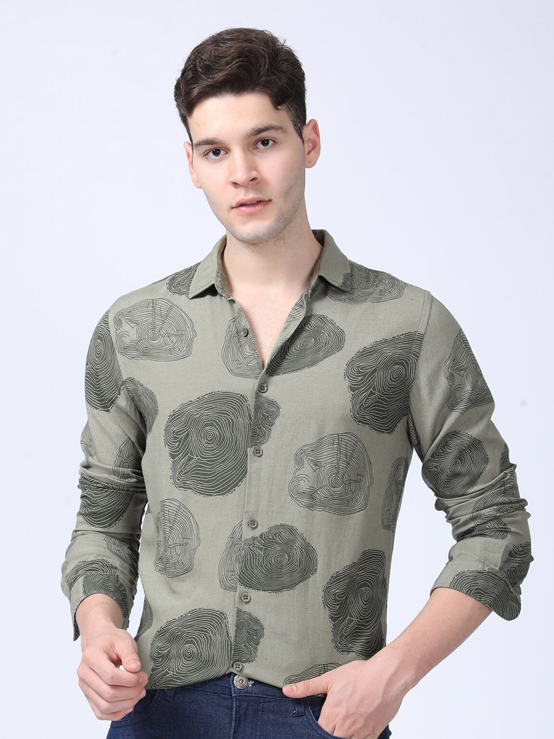 

POE Men Smart Slim Fit Abstract Printed Cotton Shirt, Olive