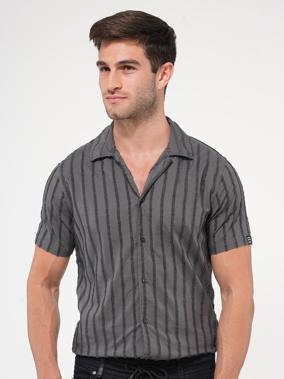 

POE Vertical Striped Smart Slim Fit Cotton Opaque Casual Shirt, Grey