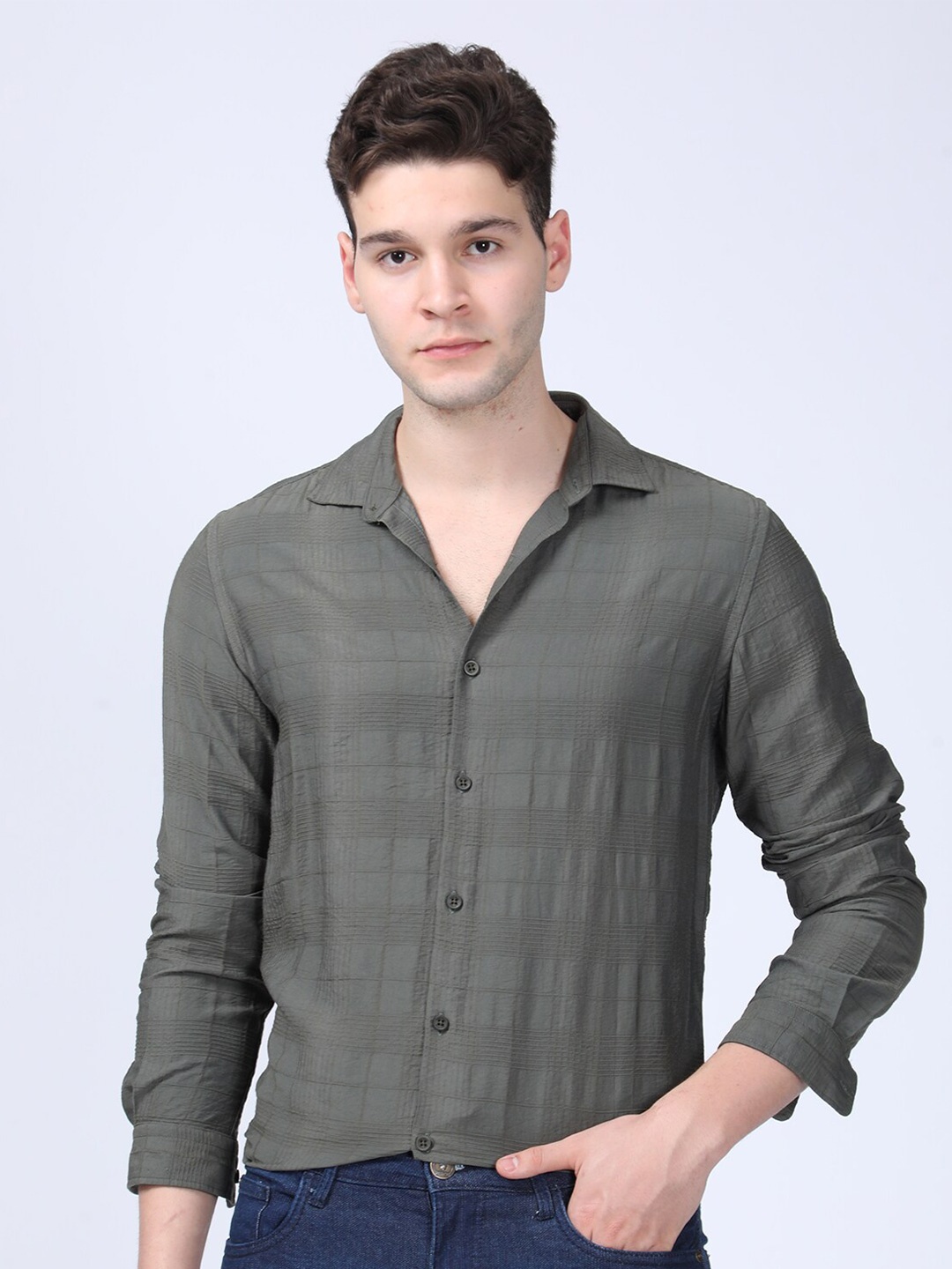 

POE Men Smart Slim Fit Opaque Checked Casual Shirt, Olive